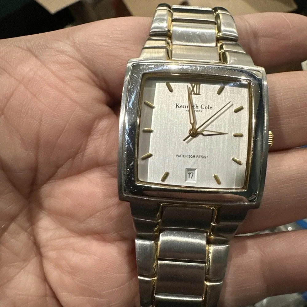 Working Kenneth Cole Square Men's Watch All Steel Two Tone Date 32.5mm 8in